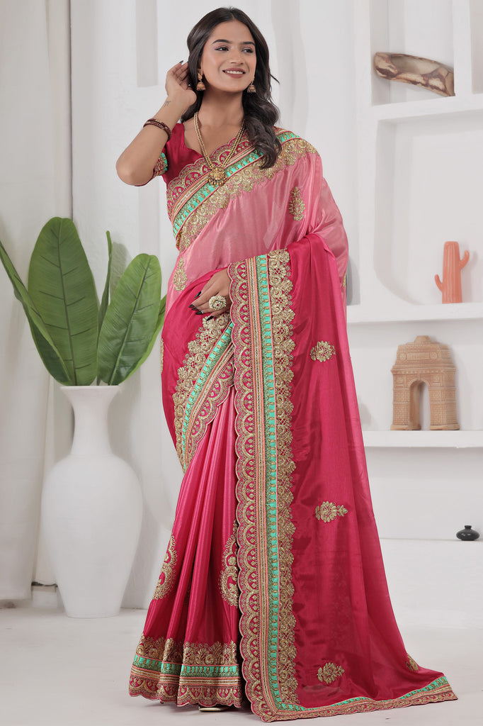 Elegant Red Coding Work Chinon Wedding Saree With Blouse