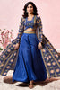 Fabulous Blue Printed Crepe Designer Crop Top Palazzo With Shrug