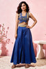 Fabulous Blue Printed Crepe Designer Crop Top Palazzo With Shrug