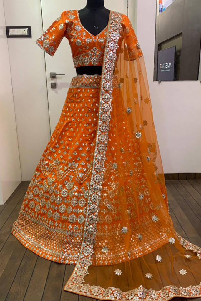 Sweet Orange Zari Work Silk Wedding Lehenga Choli With Dupatta