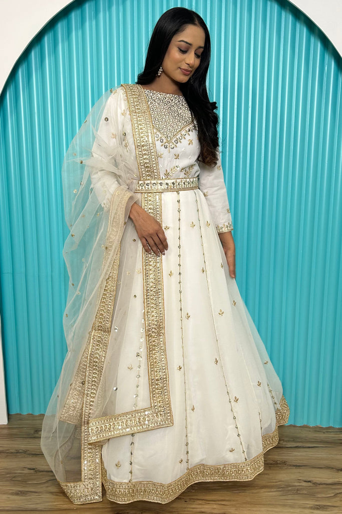 Marvelous White Sequins Georgette Reception Wear Gown With Dupatta