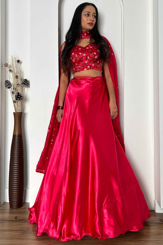 Alluring Pink Sequins Satin Party Wear Lehenga Choli With Dupatta