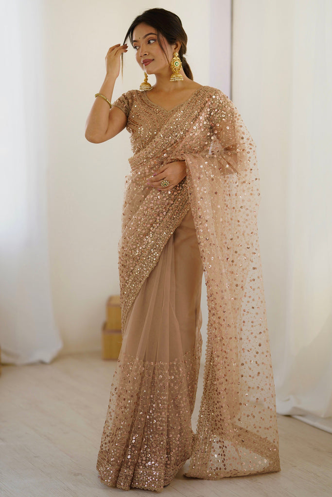 Glorious Golden Sequins Net Reception Wear Saree With Blouse