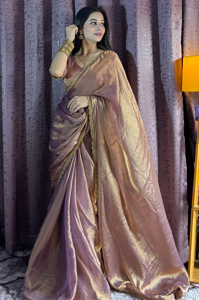 Gorgeous Rose Gold Hand Work Event Wear Saree With Blouse