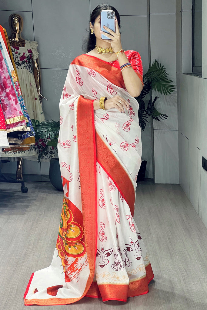 Desirable White Printed Silk Traditional Saree With Blouse