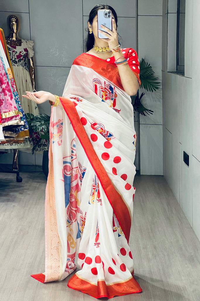 Astonishing White Printed Silk Festival Wear Saree With Blouse
