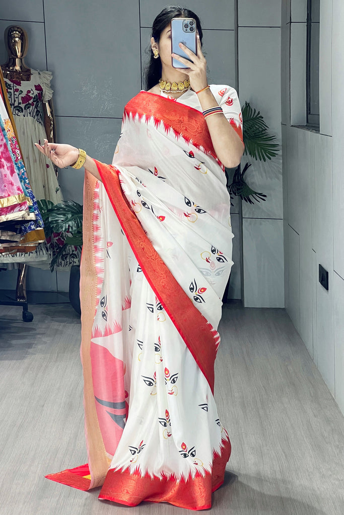 Appealing White Printed Silk Durga Pooja Wear Saree With Blouse