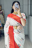 Appealing White Printed Silk Durga Pooja Wear Saree With Blouse