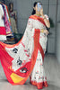 Appealing White Printed Silk Durga Pooja Wear Saree With Blouse