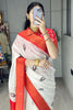 Outstanding White Printed Silk Durga Pooja Wear Saree With Blouse