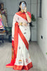 Outstanding White Printed Silk Durga Pooja Wear Saree With Blouse