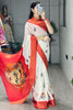 Outstanding White Printed Silk Durga Pooja Wear Saree With Blouse