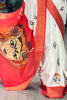 Outstanding White Printed Silk Durga Pooja Wear Saree With Blouse