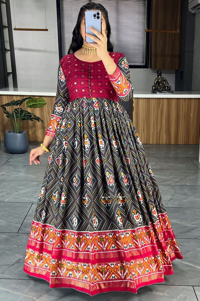 Adorable Grey & Pink Bandhani Printed Silk Event Wear Gown