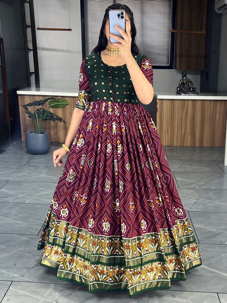 Alluring Maroon & Green Bandhani Printed Silk Traditional Gown