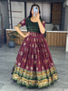 Alluring Maroon & Green Bandhani Printed Silk Traditional Gown