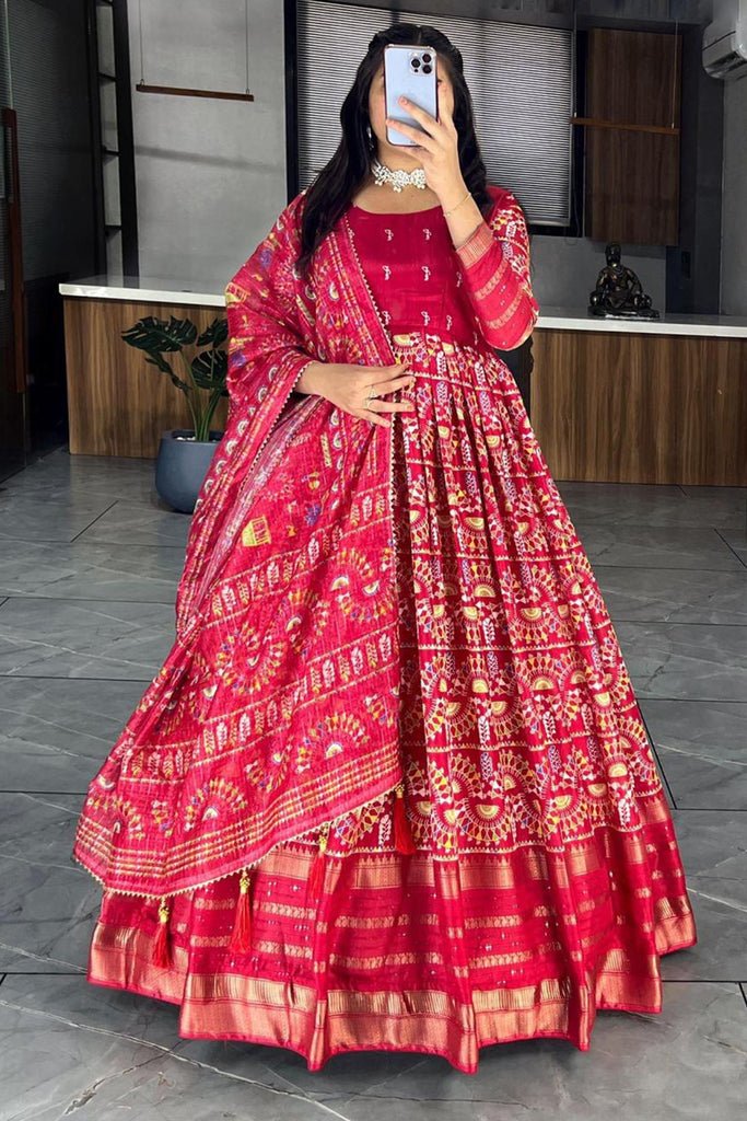 Charming Red Zari Weaving Cotton Silk Traditional Gown With Dupatta