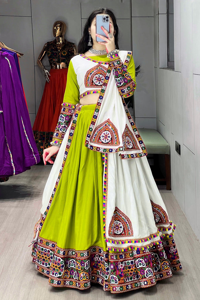 Excellent Green Gamthi Work Cotton Navratri Special Lehenga Choli