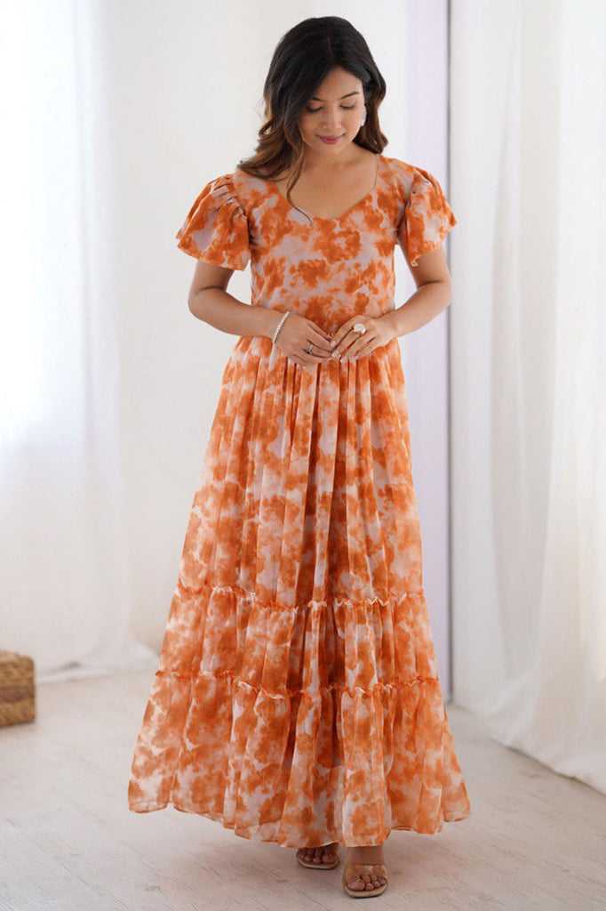 Impressive Orange Printed Georgette Casual Wear Dress