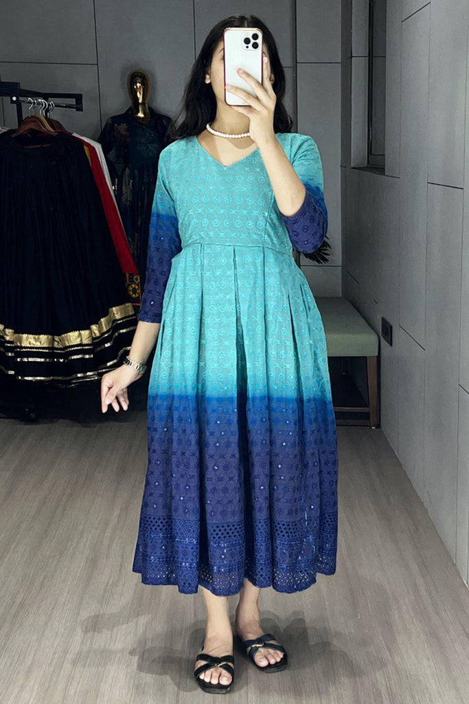 Glamorous Sky-Blue Chikankari Cotton Party Wear Dress