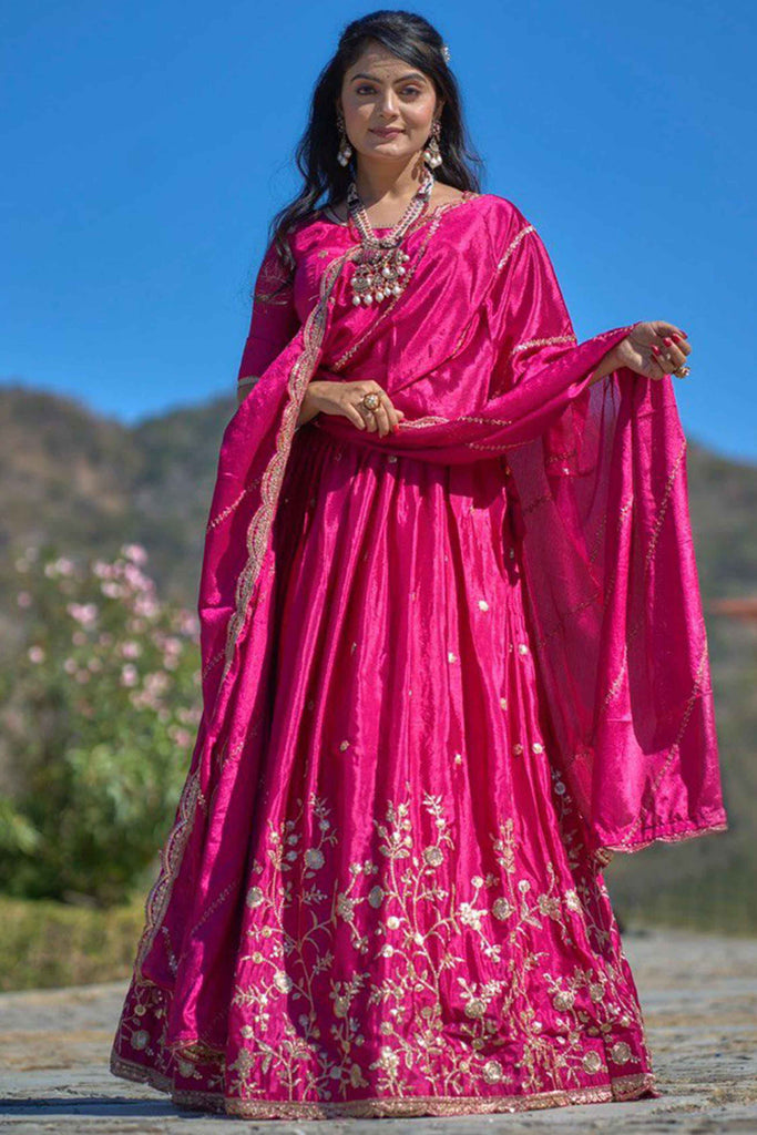 Lovely Rani Pink Sequins Chinon Wedding Wear Lehenga Choli