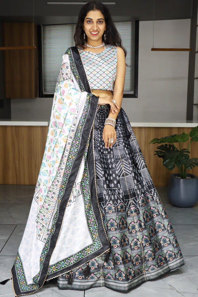 Incredible Black Printed Art Silk Traditional Lehenga Choli With Dupatta