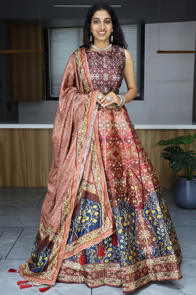 Adorable Brown Digital Printed Art Silk Event Wear Lehenga Choli 