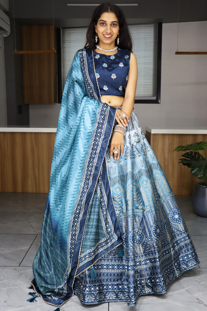 Spectacular Sky Blue Printed Art Silk Lehenga Choli With Dupatta