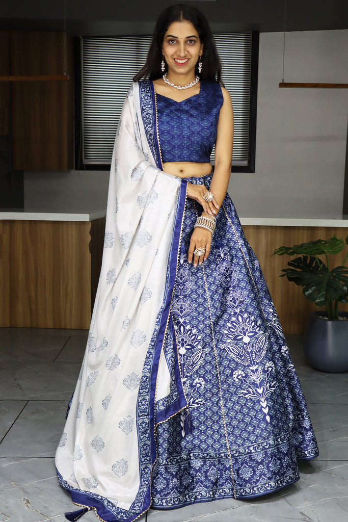 Precious Navy Blue Printed Art Silk Festival Wear Lehenga Choli