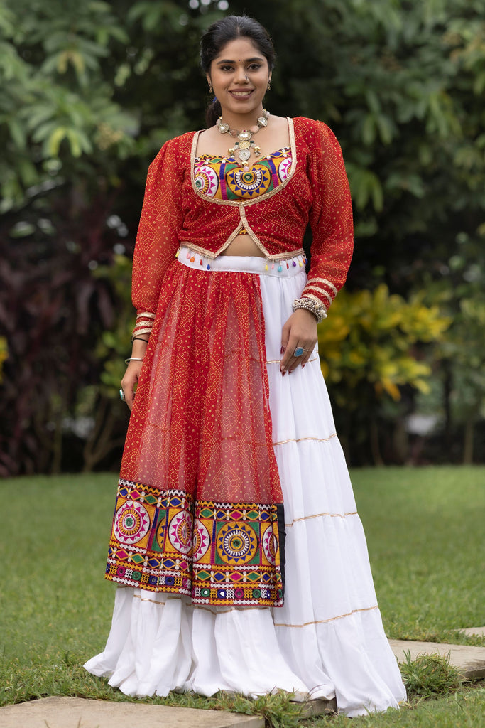 Beautiful White  Bandhani Printed Rayon Navratri Wear Crop Top Lehenga