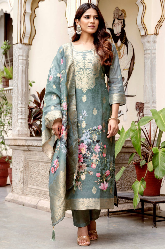 Charming Grey Floral Printed Chanderi Straight Suit Pant With Dupatta