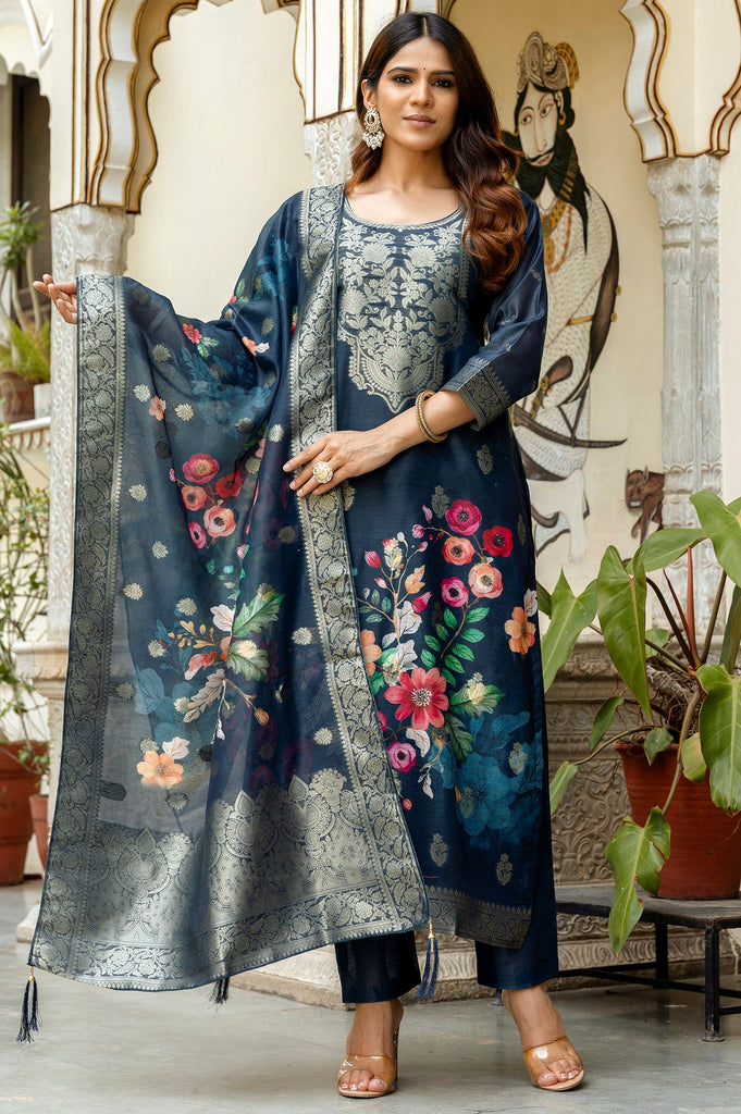 Attractive Navy Blue Floral Printed Chanderi Traditional Pant Suit