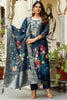 Attractive Navy Blue Floral Printed Chanderi Traditional Pant Suit