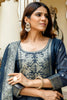 Attractive Navy Blue Floral Printed Chanderi Traditional Pant Suit