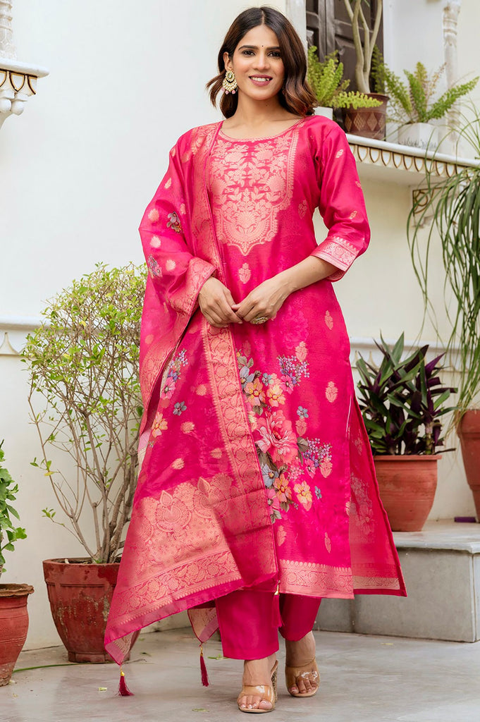 Good-looking Rani Pink Zari Weaving Chanderi Festival Wear Pant Suit