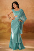 Lovely Turquoise Ruffles Work Organza Ready To Wear Saree With Blouse