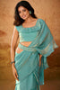 Lovely Turquoise Ruffles Work Organza Ready To Wear Saree With Blouse