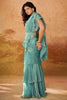 Lovely Turquoise Ruffles Work Organza Ready To Wear Saree With Blouse