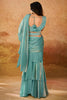 Lovely Turquoise Ruffles Work Organza Ready To Wear Saree With Blouse