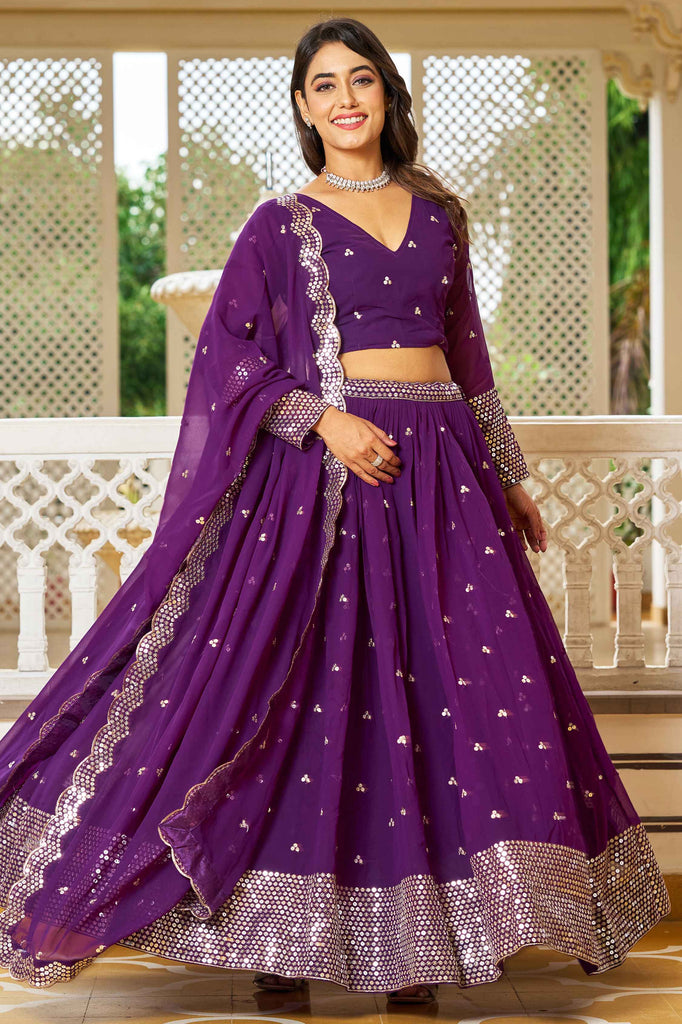 Charming Purple Sequins Work Georgette Reception Wear Lehenga Choli