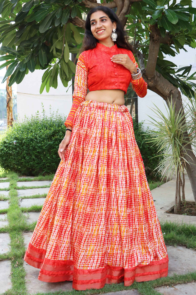 Awesome Red Printed Tussar Silk Event Wear Lehenga Choli