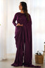 Tantalizing Purple Lace Work Velvet Pre-Stitched Saree With Blouse