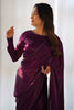 Tantalizing Purple Lace Work Velvet Pre-Stitched Saree With Blouse