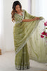 Fabulous Pista Green Thread Work Organza Event Wear Saree With Blouse