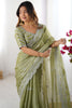 Fabulous Pista Green Thread Work Organza Event Wear Saree With Blouse