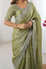 Fabulous Pista Green Thread Work Organza Event Wear Saree With Blouse