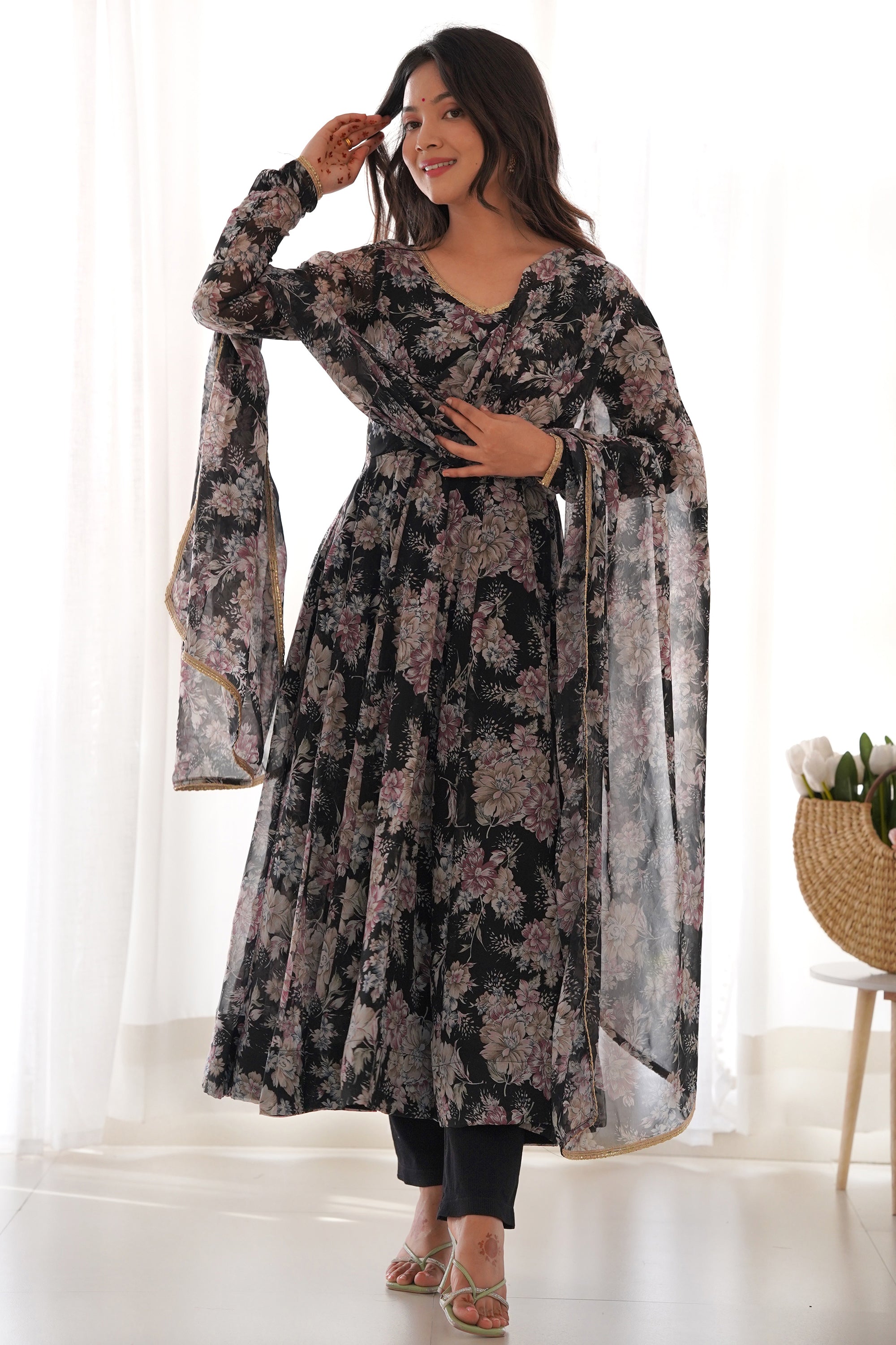Shop Black Floral Printed Georgette Anarkali Pant Suit At Designer