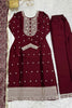 Majestic Maroon Thread Work Silk Event Wear Pant Suit With Dupatta