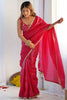 Unique Hot Pink Lace Work Silk Reception Wear Pre-Stitched Saree