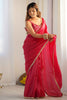 Unique Hot Pink Lace Work Silk Reception Wear Pre-Stitched Saree